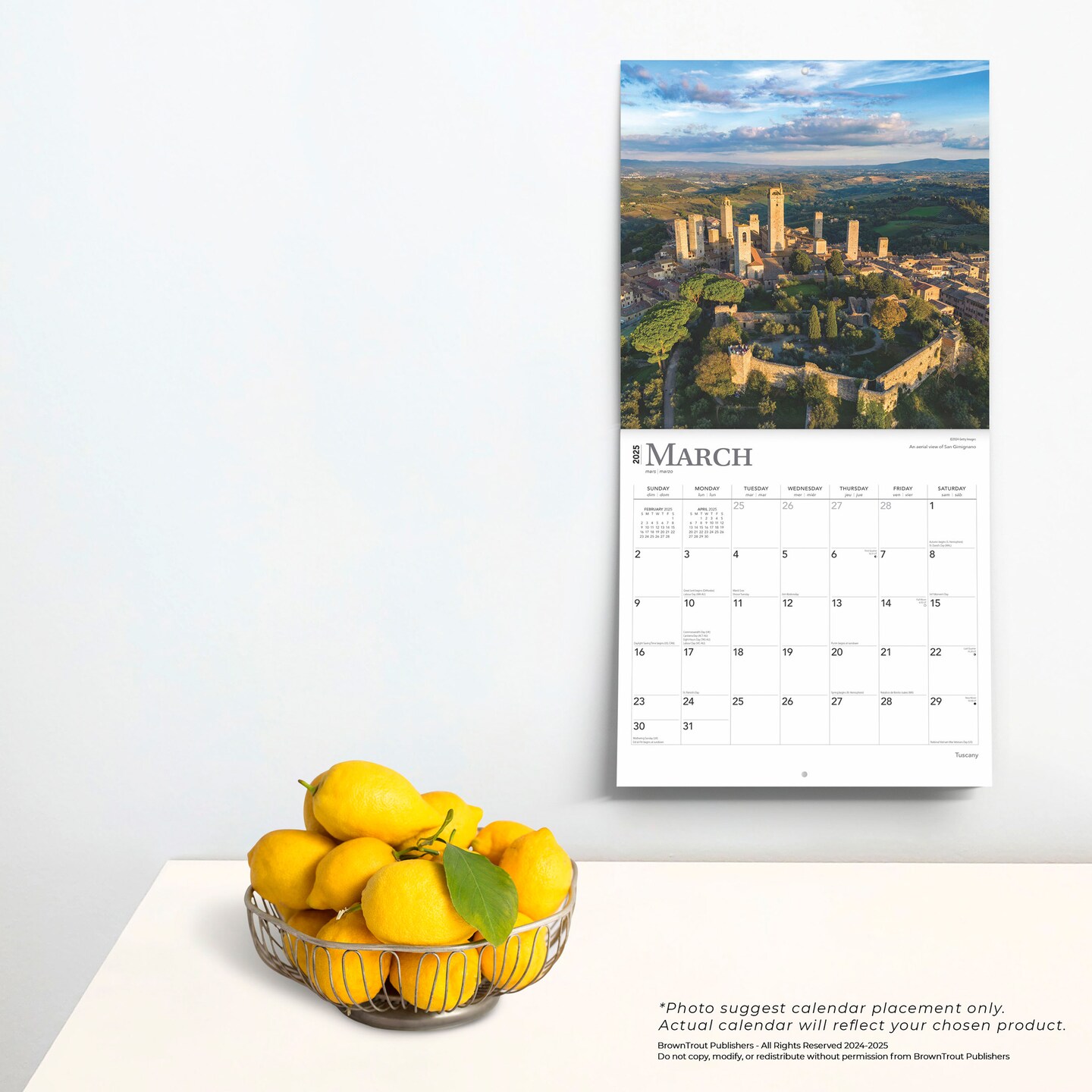 Tuscany | 2025 12 x 24 Inch Monthly Square Wall Calendar | Plastic-Free | BrownTrout | Travel Europe Italy Florence