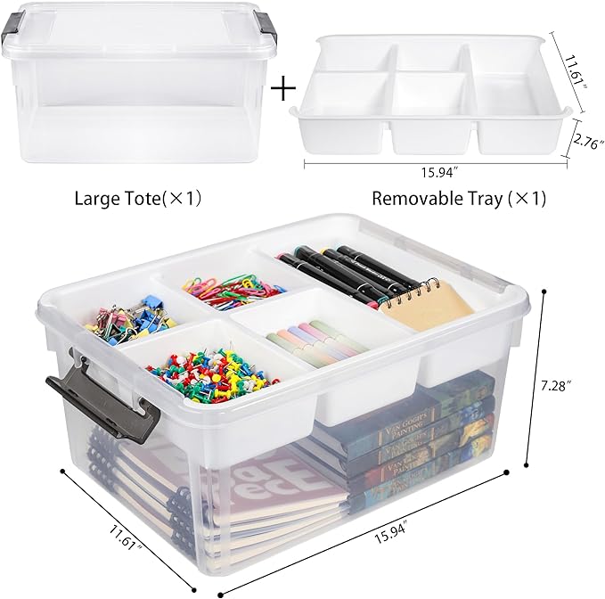 17-Quart Plastic Storage Bin with Lid, Clear Organizing Container with Removable Tray, Multipurpose Stackable Storage Box for Home, Office and School Supplies