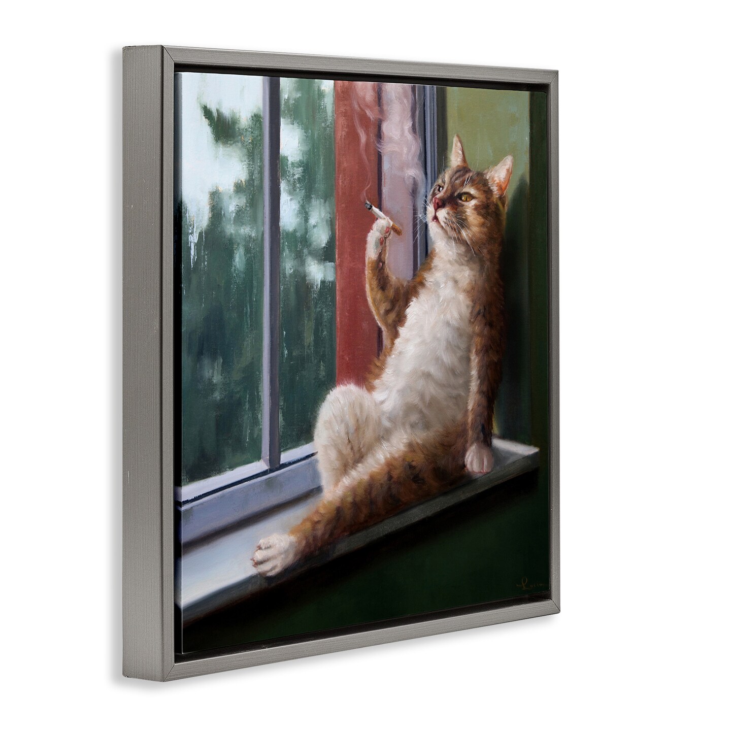 Stupell Industries Cat Smoking Lounging in Window Framed Floater Canvas Wall Art
