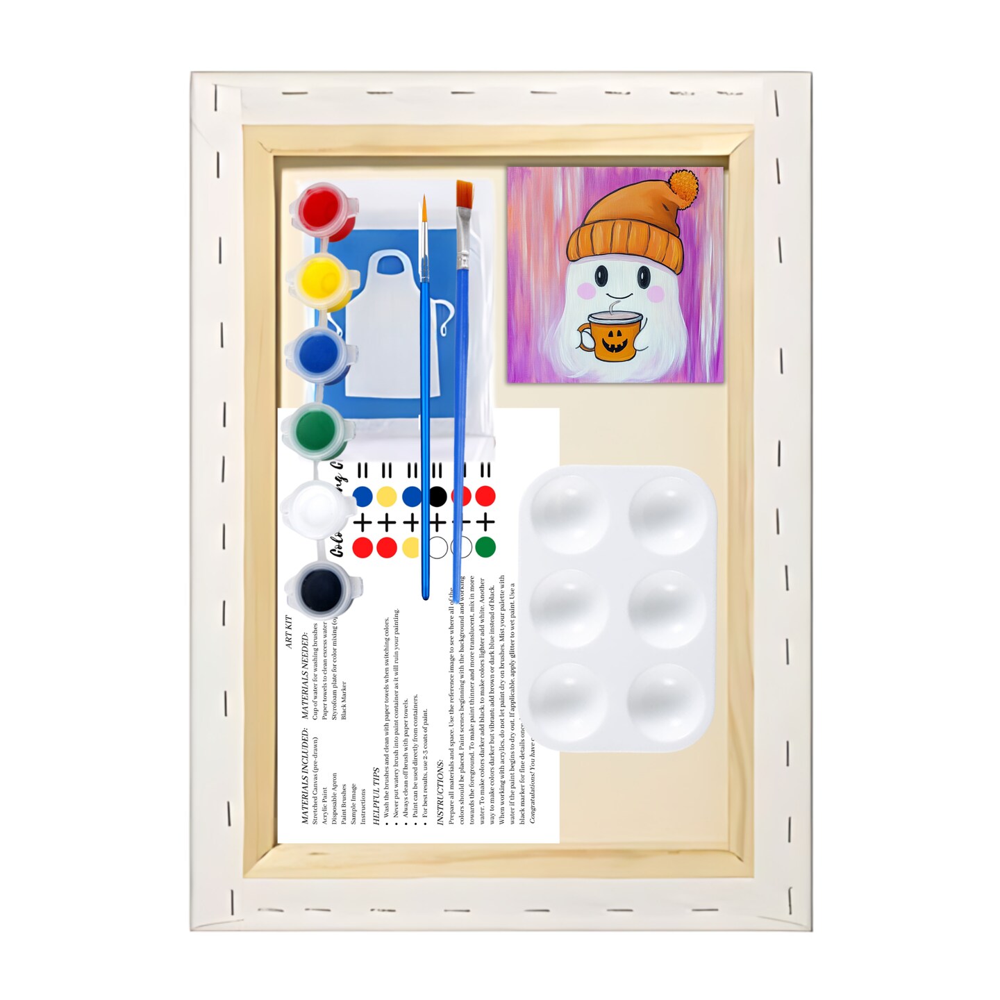 "Pumpkin Cup Ghost" DIY Canvas Art Kit, Adult Beginner, Acrylic Paint Size 11x14 inch