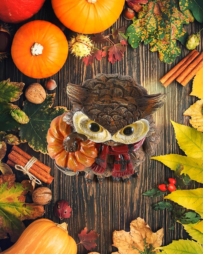Fall Harvest Owl Ornaments - 7" Resin Craft with Red Scarf and Pumpkin for Thanksgiving Table Decorations Centerpieces Owl decor for shelves, desks, homes, offices, and gardens.