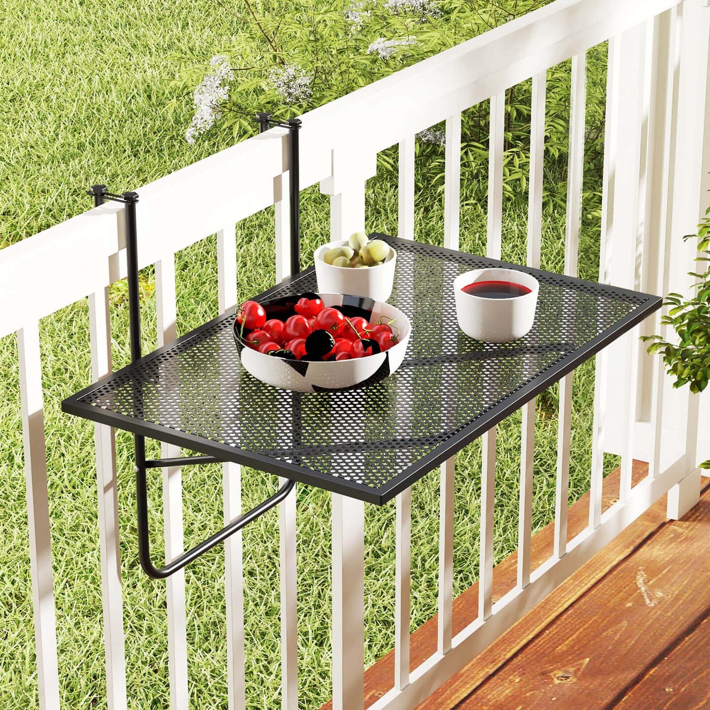 Balcony Railing Table with Adjustable Hooks Hanging Folding Deck Table Plant Stand