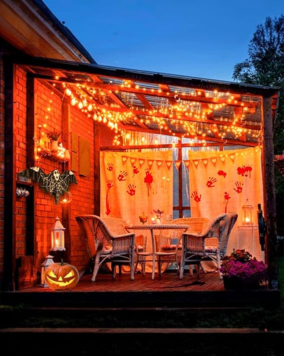2 Pack Outdoor Solar String Lights, 39.4 FT 120 LED Solar Powered Decorative Fairy Lights with 8 Modes, Waterproof Black Wire Light for Thanksgiving, Patio, Yard, and Party, Orange