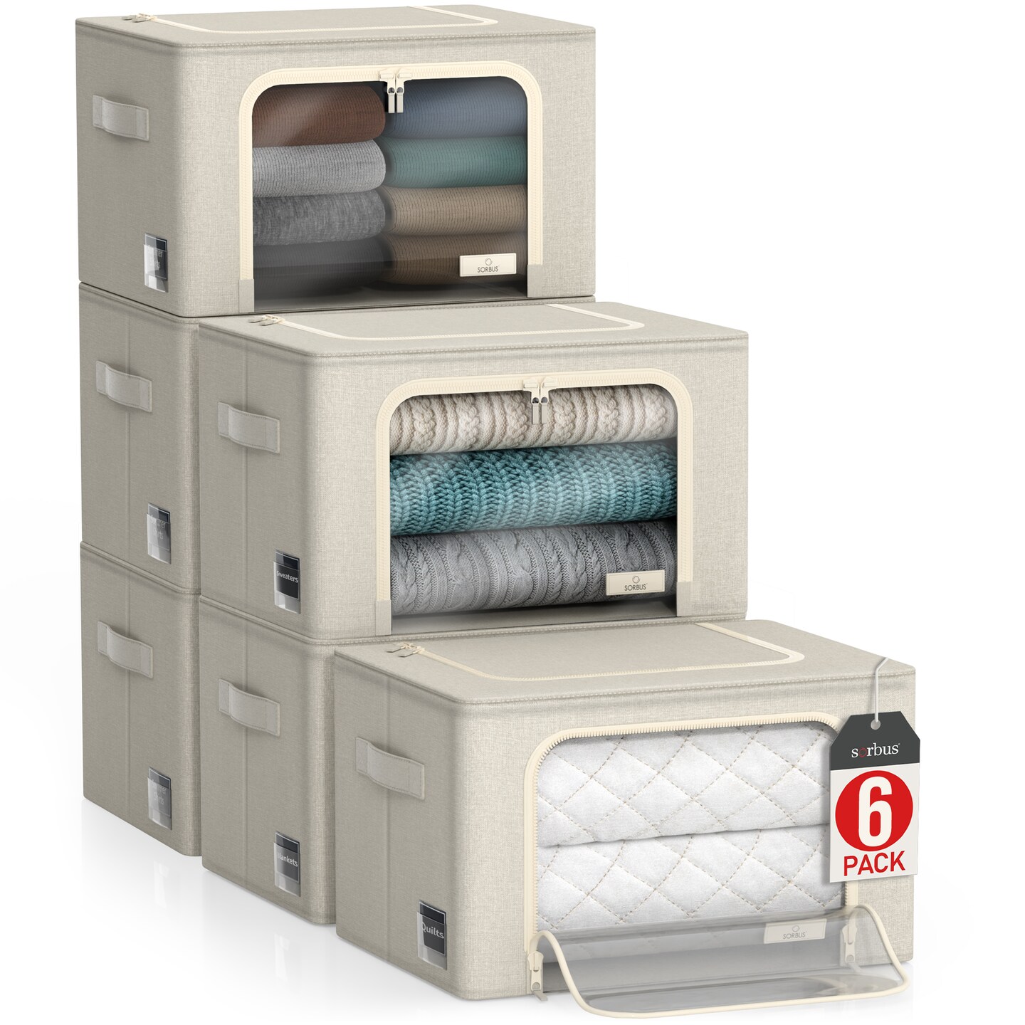 Sorbus Storage Bins 6 Pack- Foldable Stackable Container Organizer Set with Large Window & Carry Handles