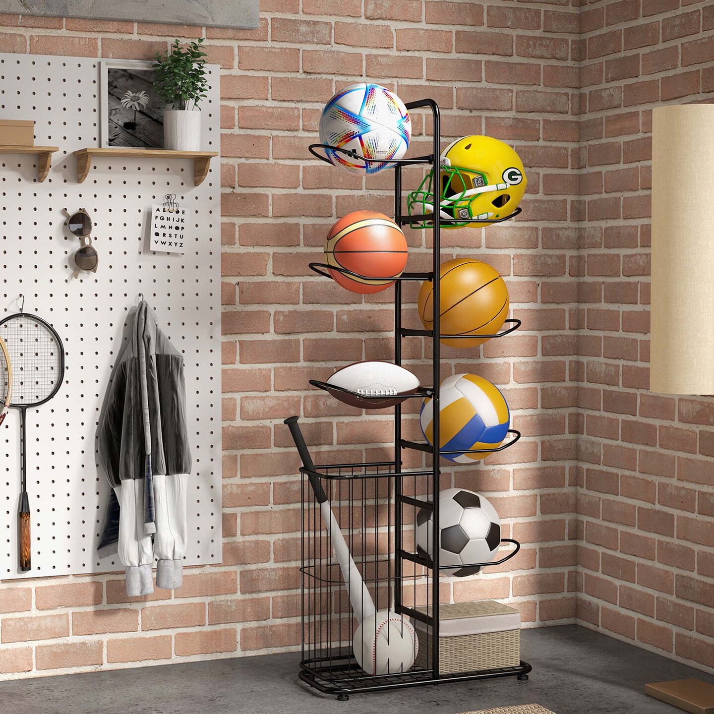 Costway 7-Tier Ball Storage Rack with 7 Removable Hanging Rods &#x26; Side Ball Basket Black