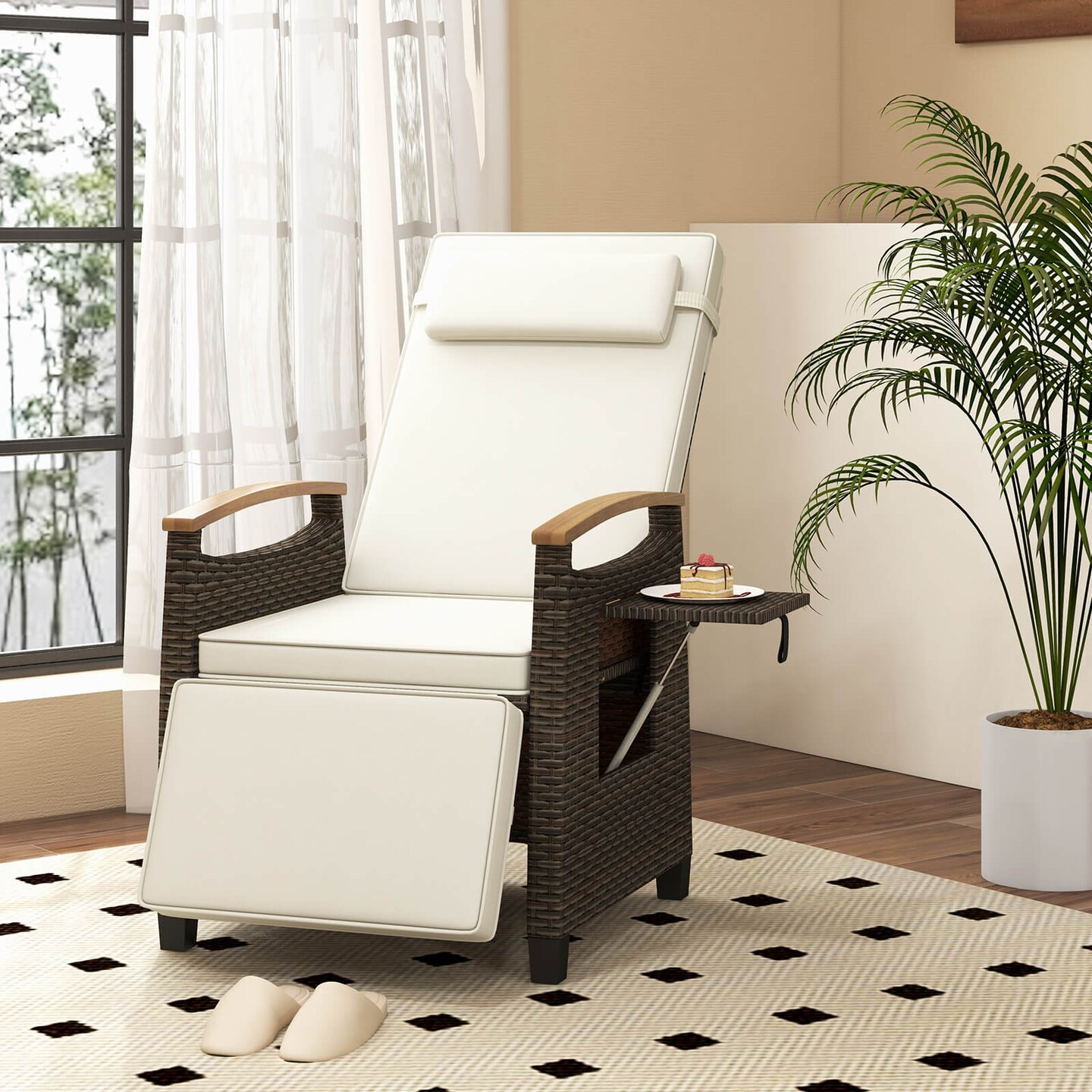 Costway 1/2 PCS Patio Wicker Recliner Chair with Adjustable Backrest Footrest Flip Side Table White/Black