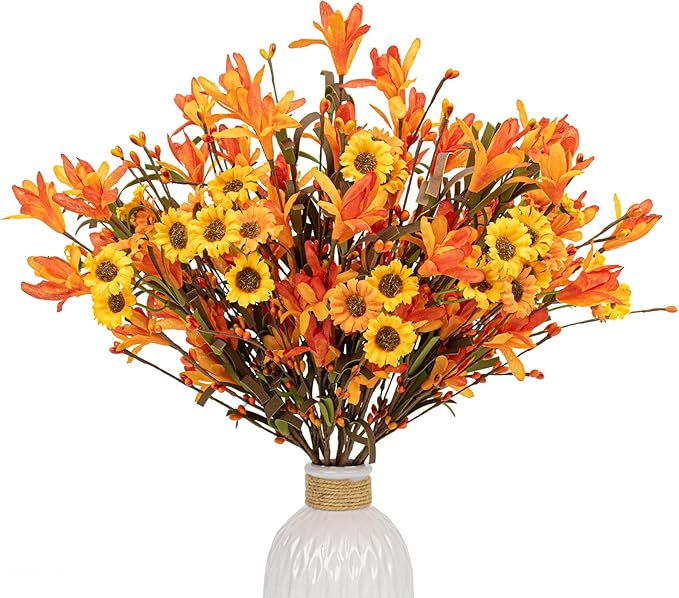 12 Artificial Fall Flowers 17 Inches Autumn Flower Arrangements Fall floral stems with daisies Forsythia Flowers Berry Branch for Vase Party Indoors Table Centrepieces Decorations