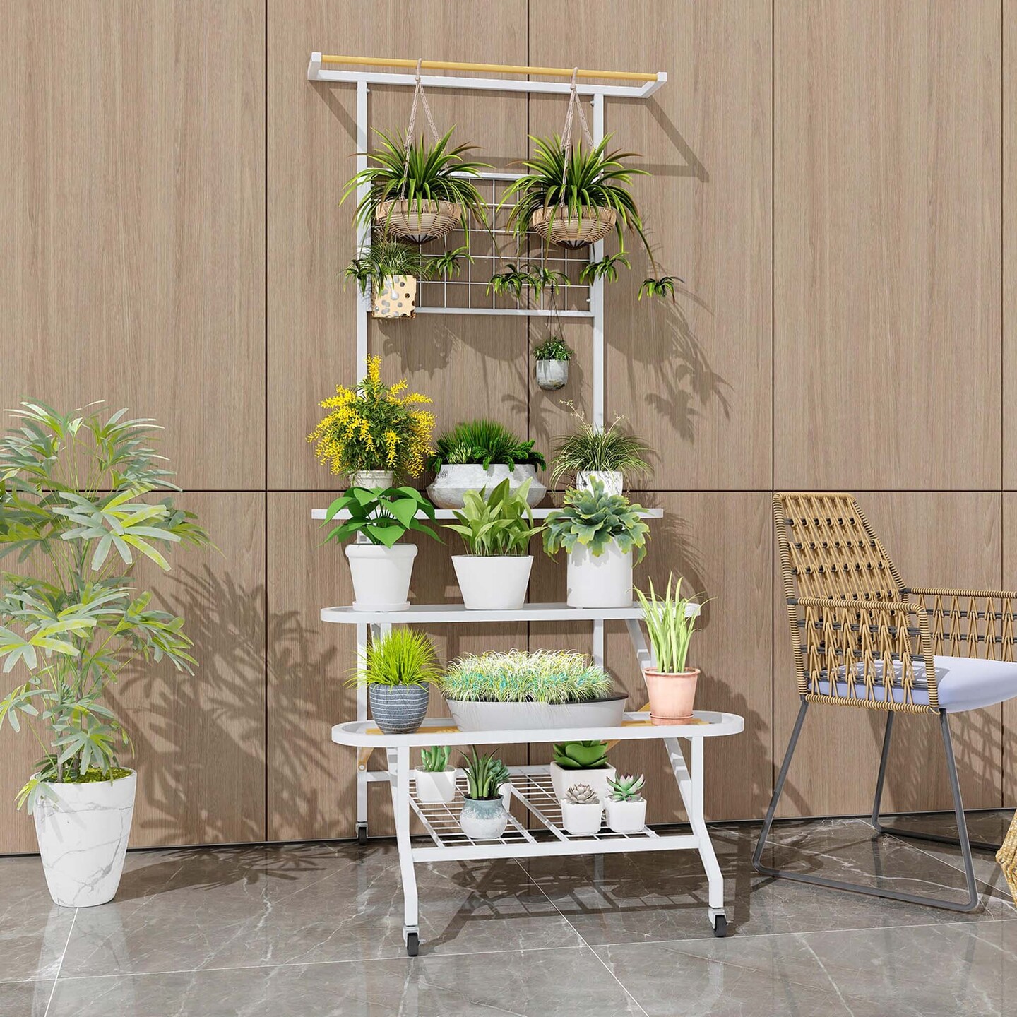 Costway 4-Tier Hanging Plant Stand Ladder Plant Shelf with Hanging Bar & Trellis