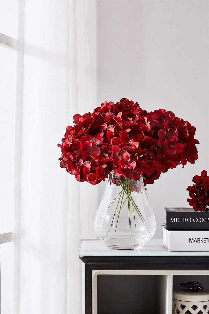 Hydrangea Silk Flower Heads with 10 Stems. Burgundy artificial hydrangea flower head for wedding centerpieces and bouquets. DIY Floral Decor: Home Decoration