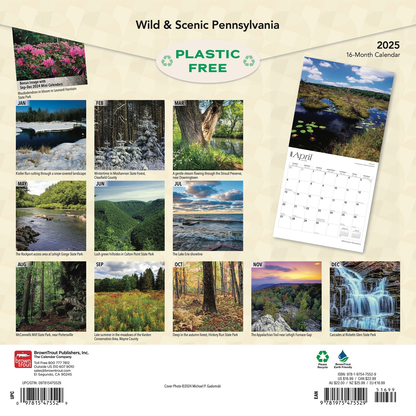 Pennsylvania Wild &#x26; Scenic | 2025 12 x 24 Inch Monthly Square Wall Calendar | Plastic-Free | BrownTrout | USA United States of America Northeast State Nature