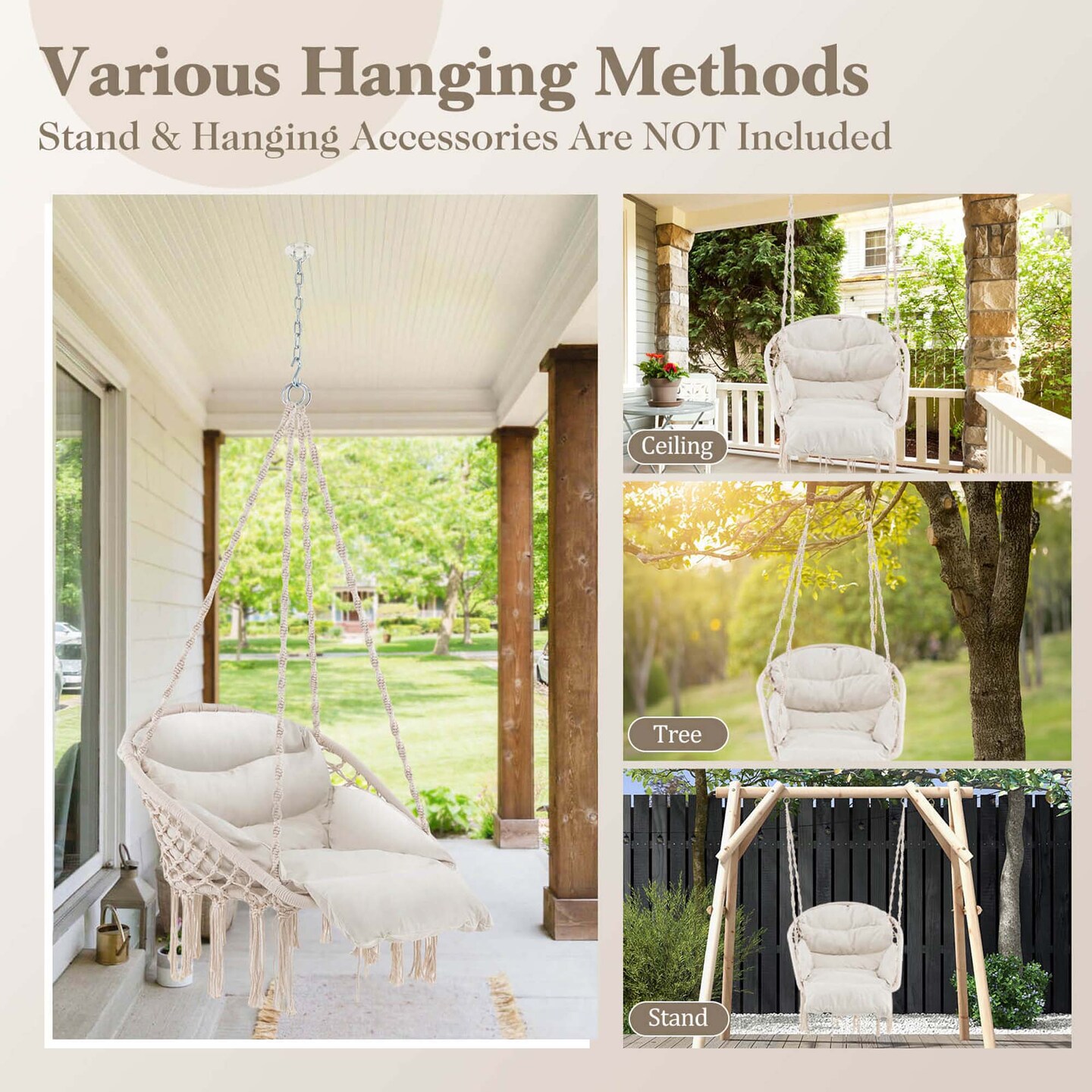 Costway Macrame Hammock Chair with Oversized Padded Cushion Hand-woven Knots and Tassels