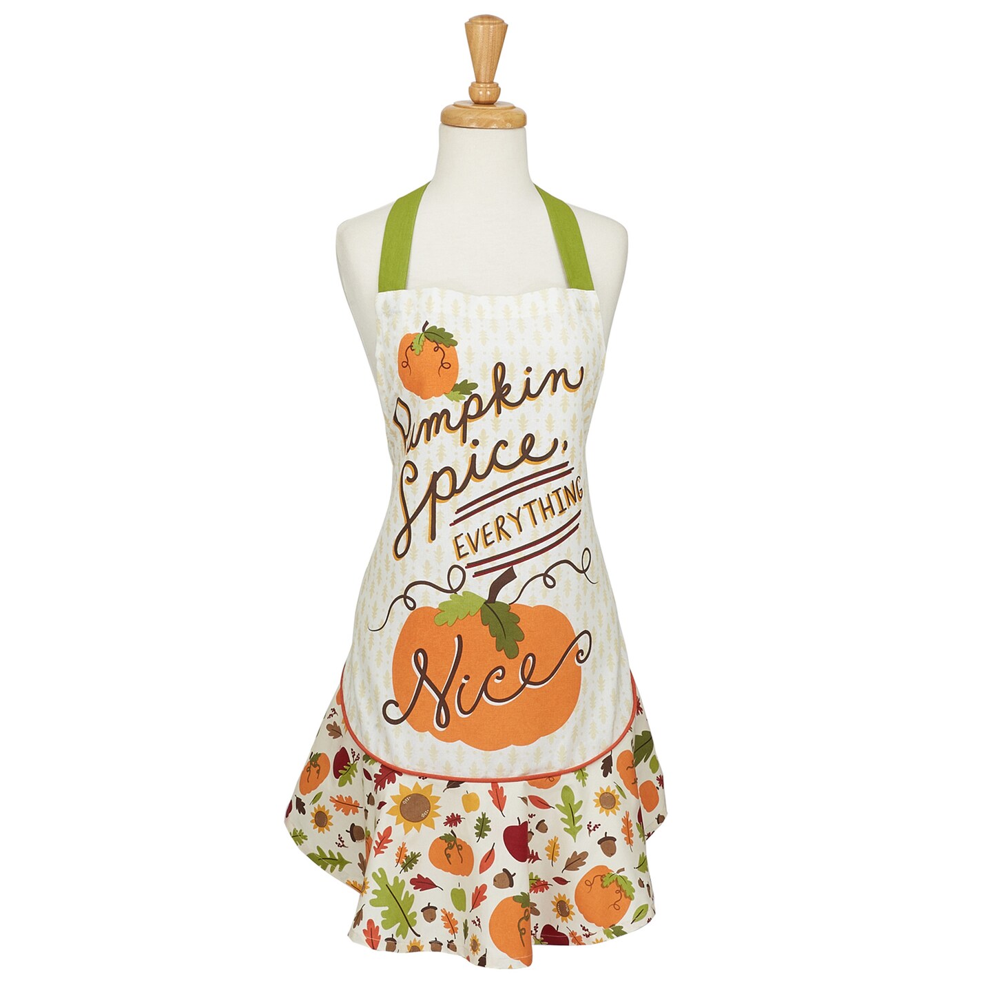 Contemporary Home Living 28.5&#x22; White and Orange Pumpkin Spice Printed Ruffle Apron with Front Pocket