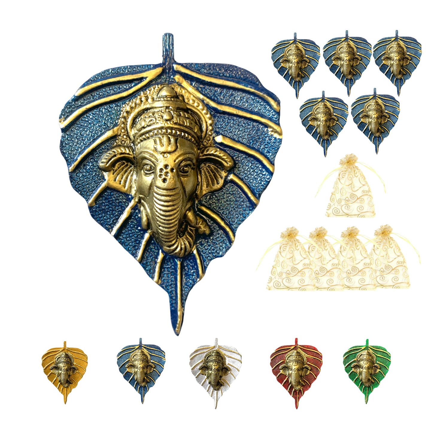 Metal Leaf Ganesha Diwali Decor Wall Hanging for Home &#x26; Office Housewarming Return Gift Pooja Favor Ganesha Decorative Wall Hanging Showpiece Pack of 1/2/5/25 Pcs
