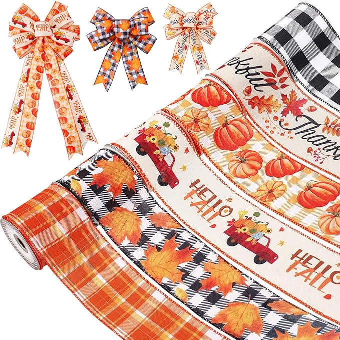 Fall Ribbon Wired 2 1/2&#x22; x 30 Yards (6 Roll x 5 Yards), Thanksgiving Pumpkin Buffalo Plaid Ribbon with Wire for Wreaths, Crafts, and Fall Decor