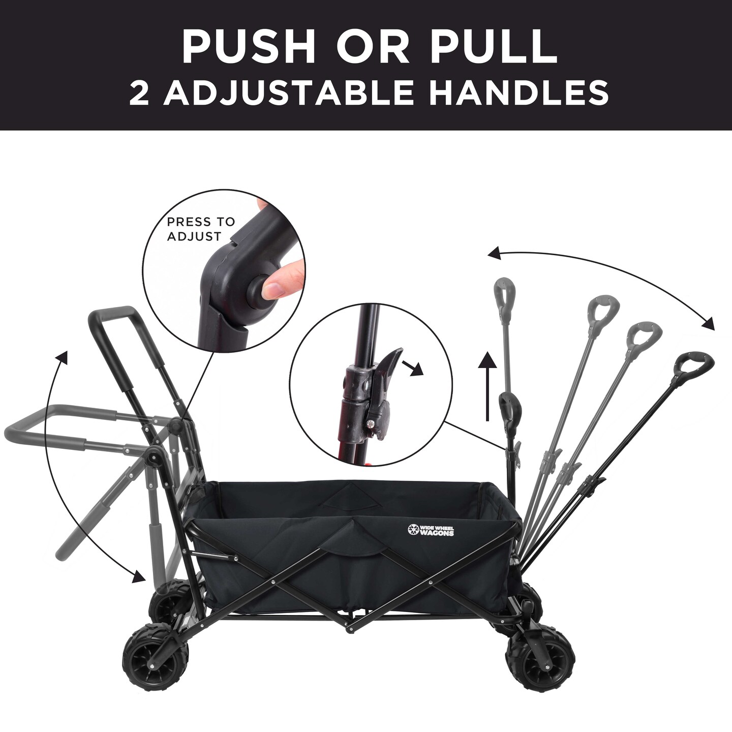 Black Wide Wheel Wagon All-Terrain Folding Collapsible Utility Wagon with Push Bar - Portable Rolling Heavy Duty 150 Lbs Capacity Canvas Fabric Cart