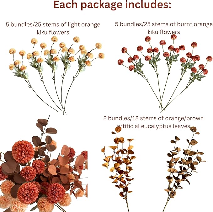 Burnt Orange Faux Kiku Flower 10 Stems + 18 Brown Eucalyptus Stems, Assorted Artificial Silk Mums Autumn Flowers, Mini Fake Chrysanthemum Flowers, Faux Stems Artificial