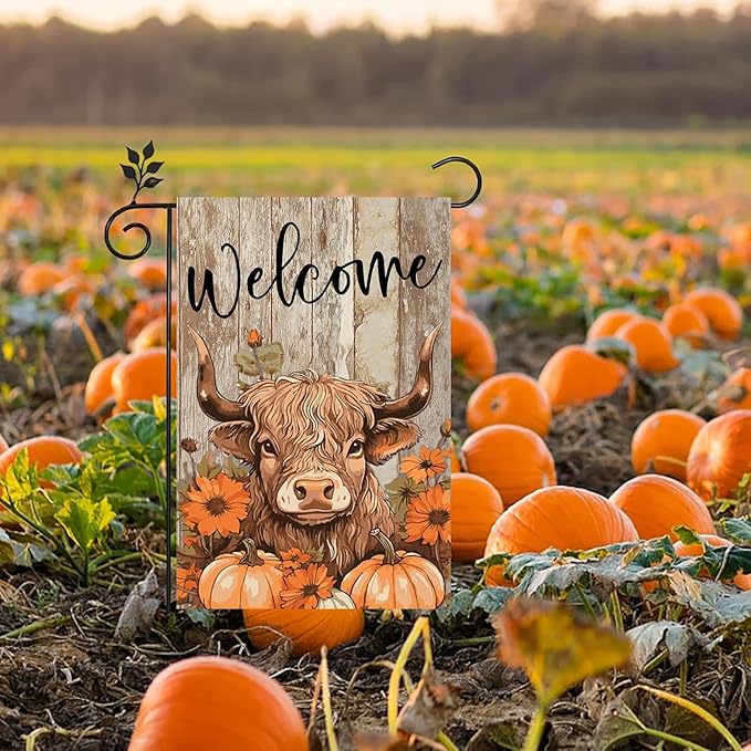 Fall Highland Cow Garden Flags 12x18 Double Sided, Welcome Fall Pumpkin Yard Flag for Outside Decor, Autumn Thanksgiving Holiday Outdoor Seasonal Decorations for Homes