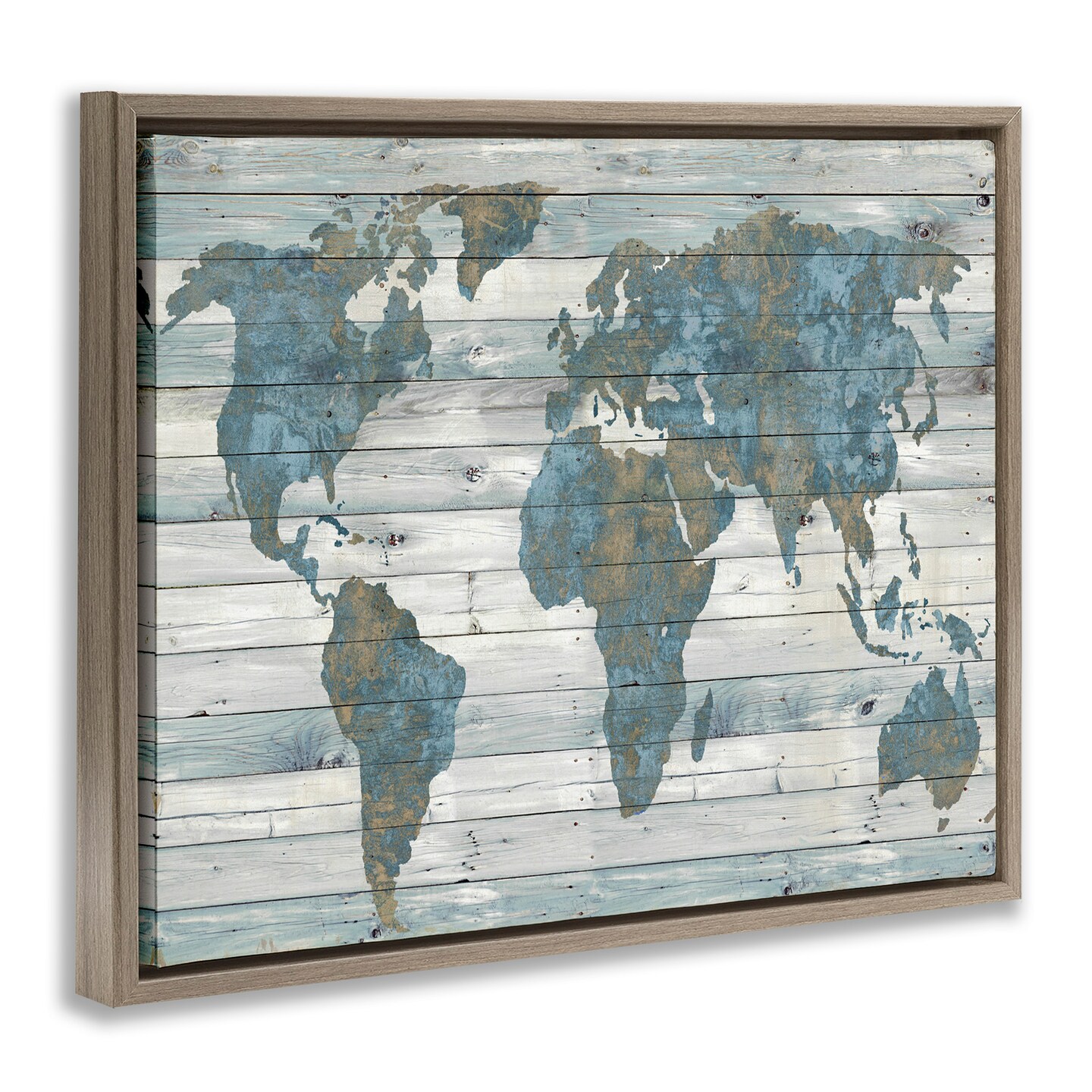 Stupell Industries Slate Blue &#x26; Tan World Map Framed Floater Canvas Wall Art