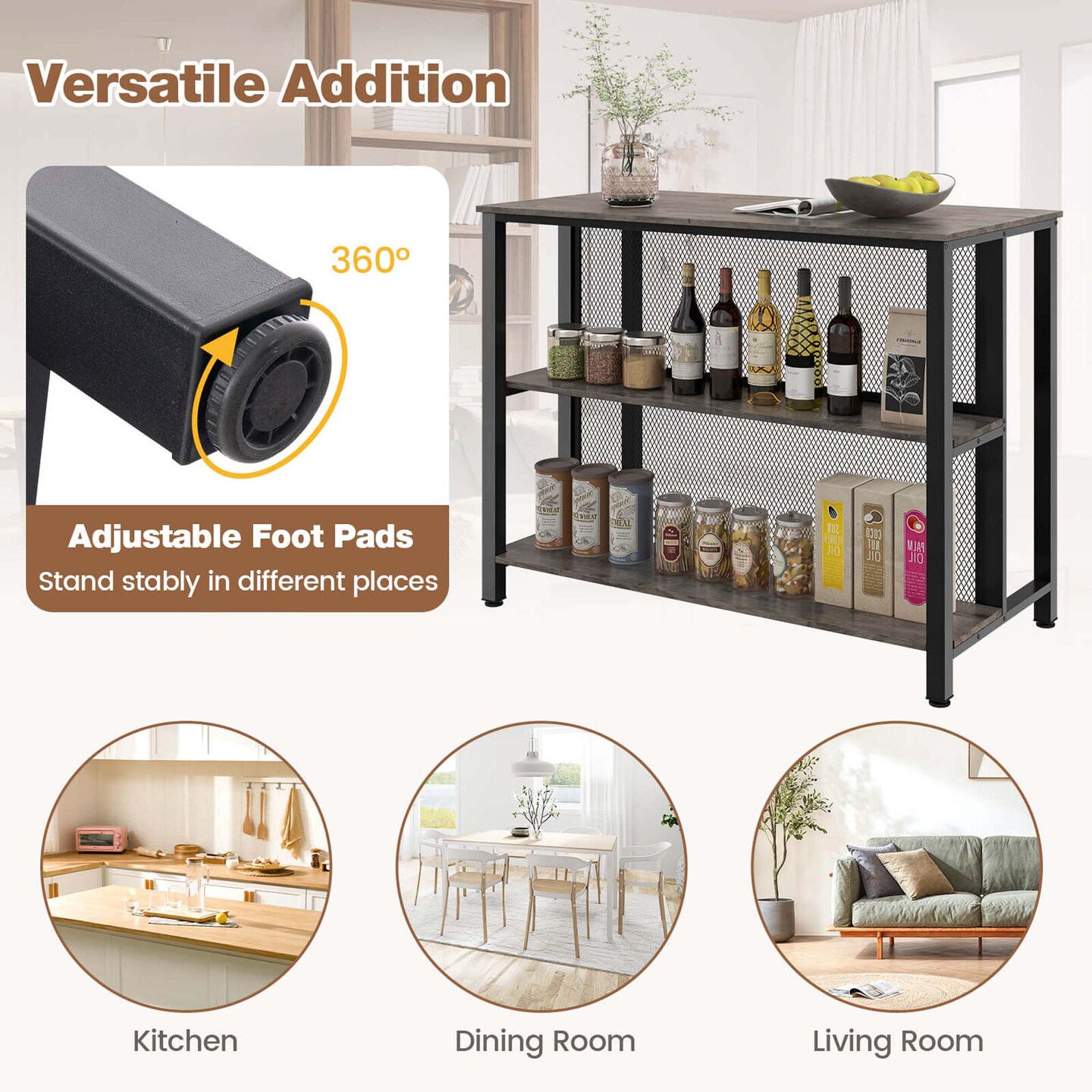 Costway 36&#x22; Tall 3-Tier Bar Table with Storage Metal Frame Adjustable Foot Pads Rustic Brown/Grey