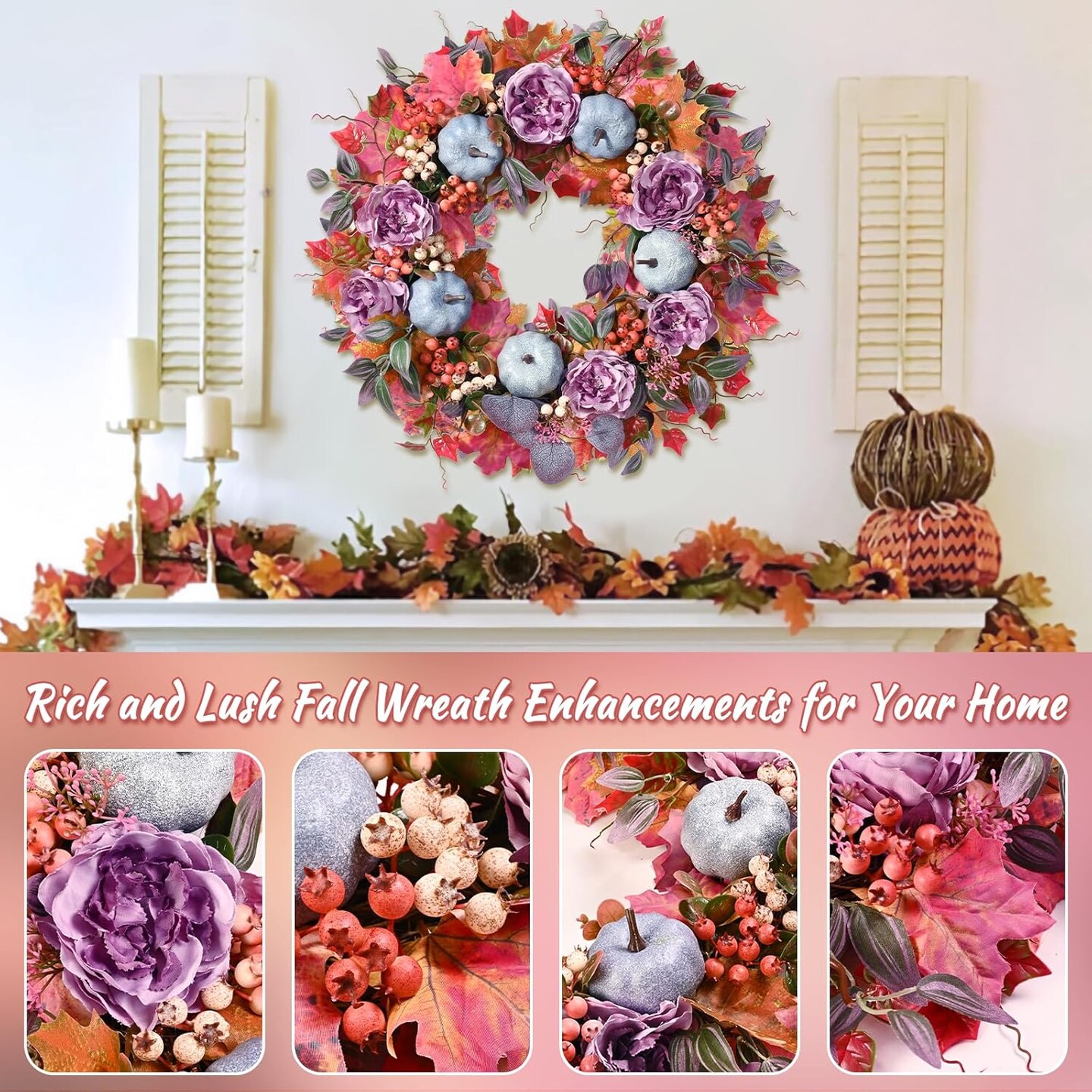 Fall Wreath - Fall Wreaths for Front Door Outside, 20&#x22; Autumn Wreath with Silk Peony Maple Leaf &#x26; Pumpkin, Handcrafted Fall Wreath with Lights for Front Door Home Thanksgiving Inside Outside Decoration