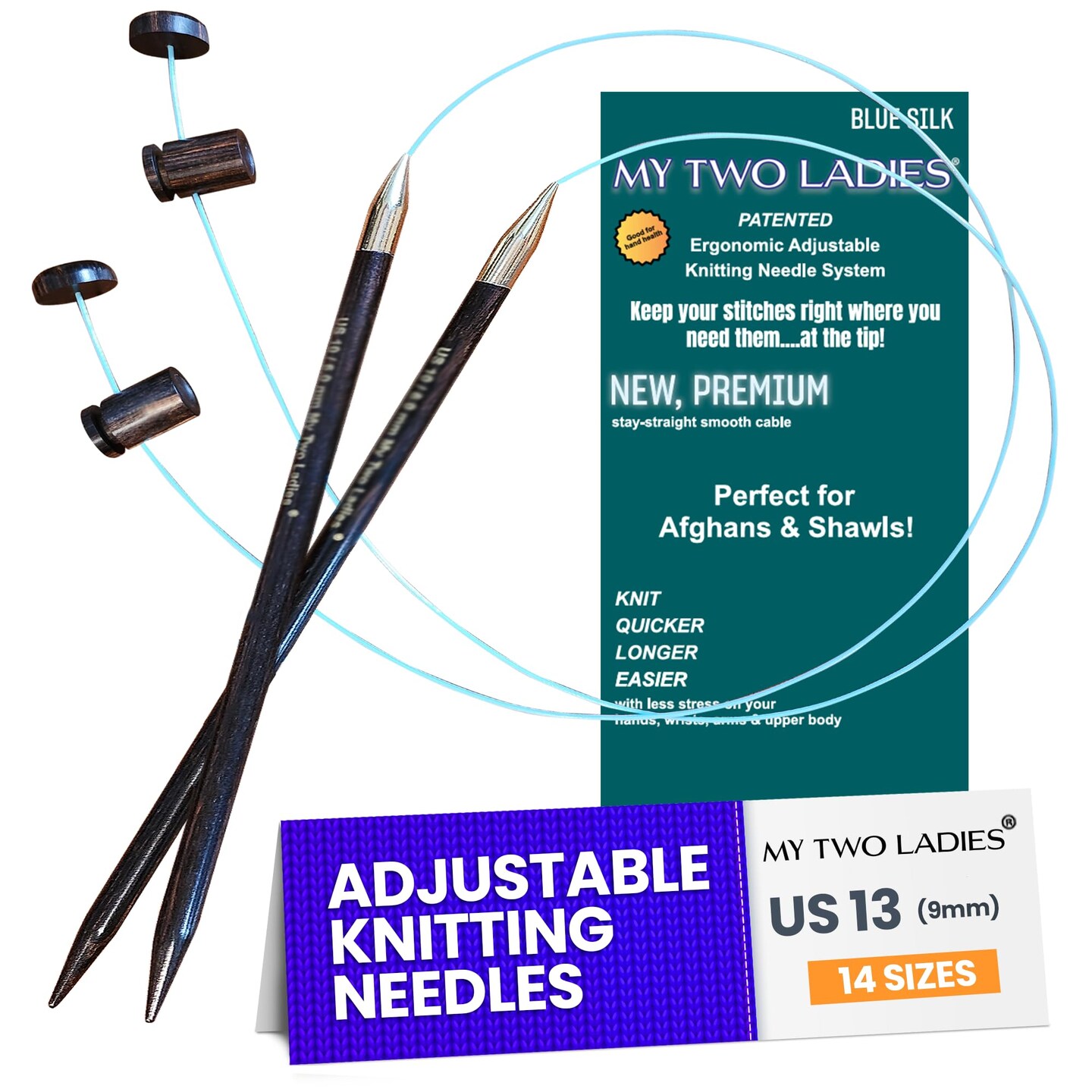 My Two Ladies | Blue Silk | Adjustable Ergonomic Knitting Needles | 14 sizes