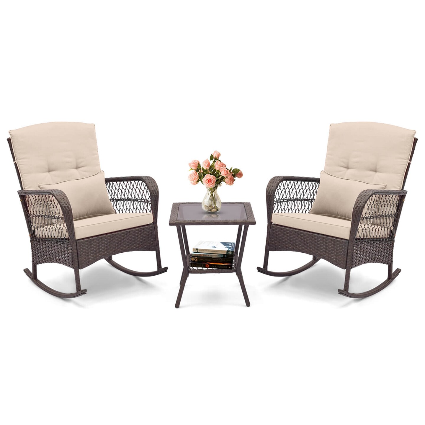 Costway 3 PCS Patio Rocker Set Outdoor Wicker Rocking Chairs with Double-Layer Coffee Table Gray/Navy/Beige/Red