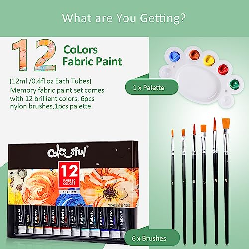 Fabric Paint Set for Clothes - 12 Colors with 6 Brushes and 1 Palette, Permanent Textile Paint Kit for Shoes and Canvas, Non-Toxic Slick Painting Set for Adults, Beginners, and Artists