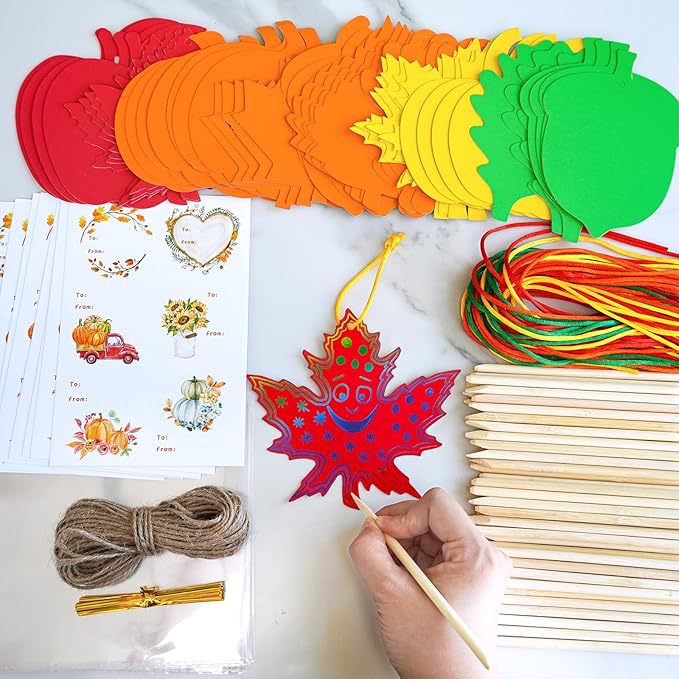 48 Sets of Colorful Magic Color Scratch Fall Ornaments Autumn Scratch Art: Maple Leaf, Oak Leaf, Pumpkin, Apple, and Acorn Fall Craft Kits for Kids: Classroom Activities Halloween Harvest Party Decorations.