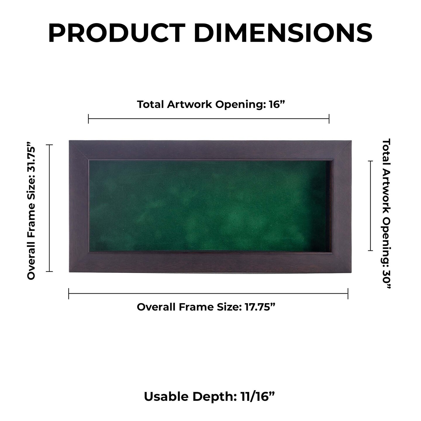 Rich Dark Brown Wood Shadow Box Frame with Acrylic Front - Forest Green Suede Backing, 30 Sizes