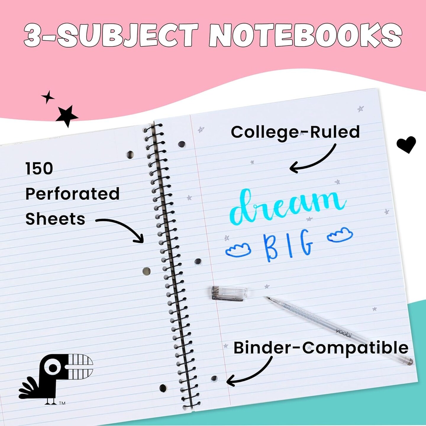 College Ruled 8 X 10.5&#x201D; Spiral Notebook Set &#x2013; Bulk 3-Pack of 3 Subject Notebooks, Blue, Mint Green &#x26; Blush Pink Colors &#x2013; 150 Perforated, 3-Hole Punched Sheets, for School, Office &#x26; Home