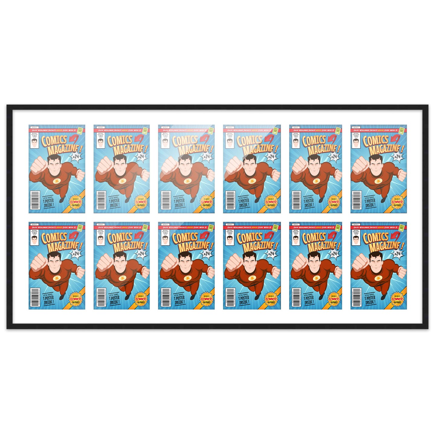 Comic Book Display Frame for Current Era Comic Published After 1985 - Black Wood Comic Frame With White Mat for 6.875x10.5 Comic, 18 Frame Sizes