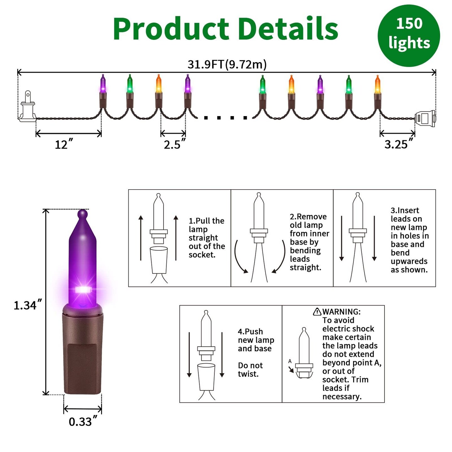 Super-Bright Extendable Orange Purple and Green halloween Lights Decoration 150 Lights 31.9ft UL Certified Mini Bulb String Lights Set for Outdoor Halloween Christmas Tree Garden Holiday Decor