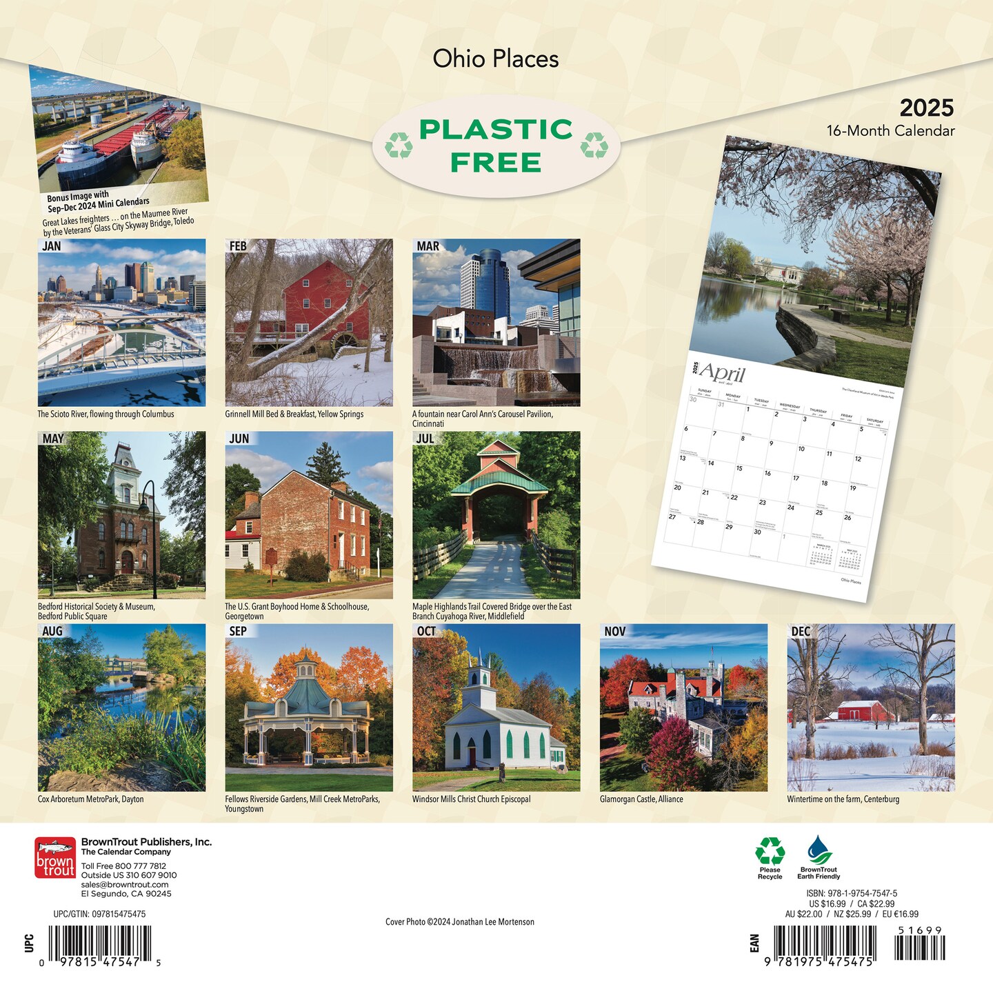 Ohio Places | 2025 12 x 24 Inch Monthly Square Wall Calendar | Plastic-Free | BrownTrout | USA United States of America Midwest State Nature