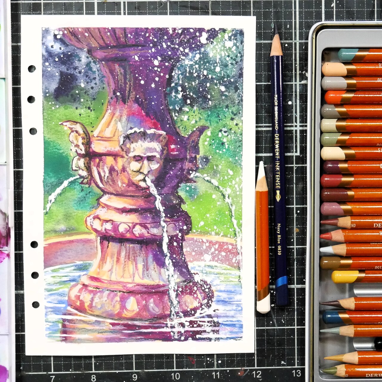Colorful Fountain With Derwent Inktense Pan Paint