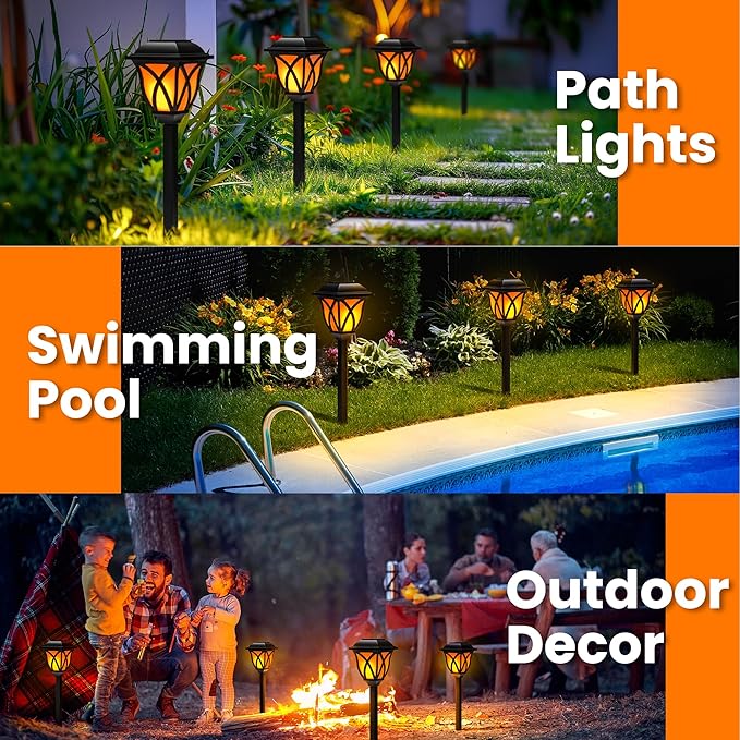 Solar Garden Lights Outdoor Waterproof, 6 Pack Fall Decor Flickering Flame LED Lights, Outdoor Decor for Porch, Garden, Pool, Camp, Path, Yard, Patio, Balcony, and Halloween