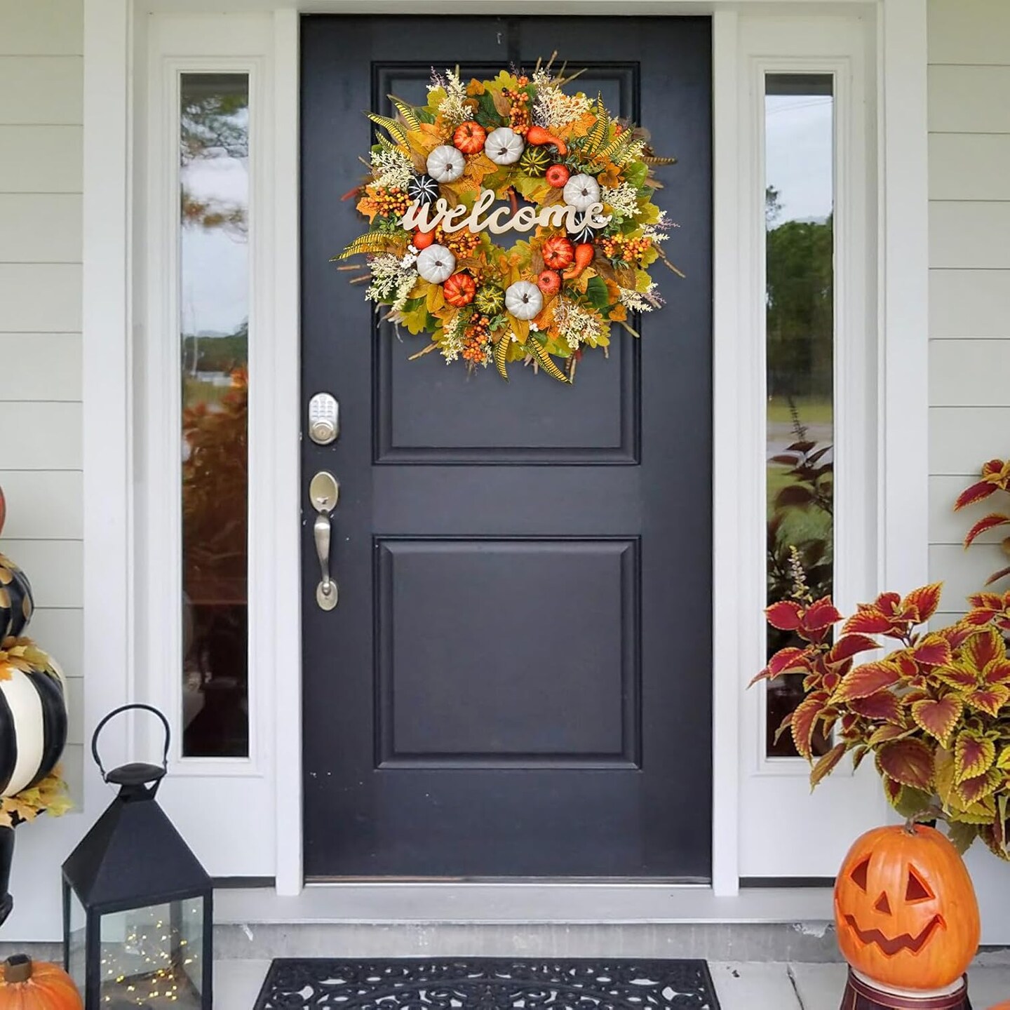 Fall Wreath - 21&#x22; Fall Wreaths for Front Door Outside, Lighted Colorful Pumpkin Silk Leaves, Realistic Autumn Wreath for Home Porch Front Door Thanksgiving Outdoor and Indoor Fall Decor