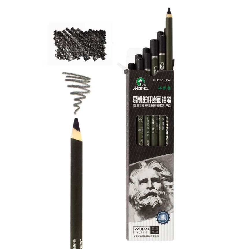 Maries Artist Charcoal Pencil 12 Piece Set, Black Paper Handle Charcoal Pencils for Drawing and Sketching