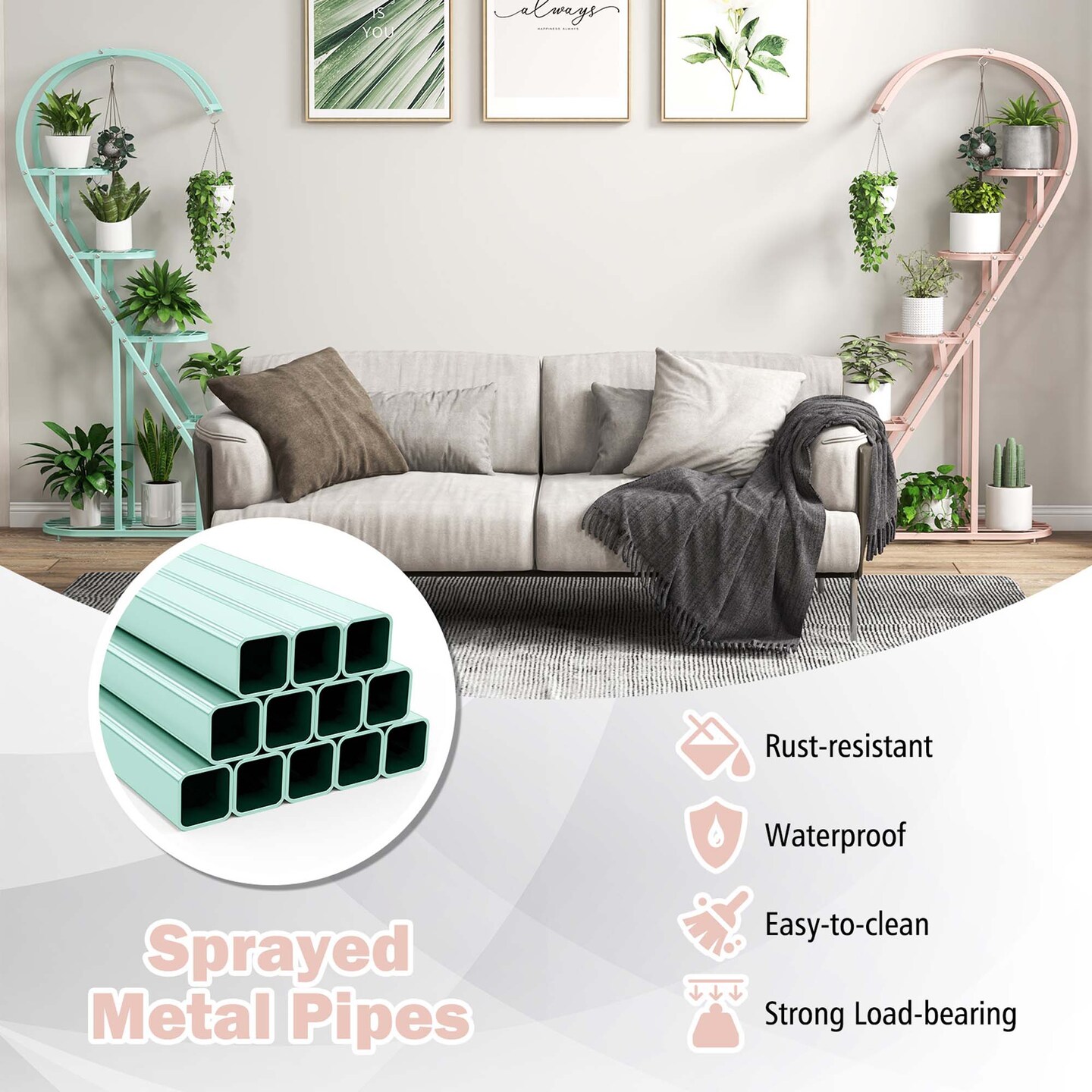 Costway 5 Tier Metal Plant Stand Heart-shaped Shelf with Hanging Hook for Multiple Plants Black/White/Pink &#x26; Blue