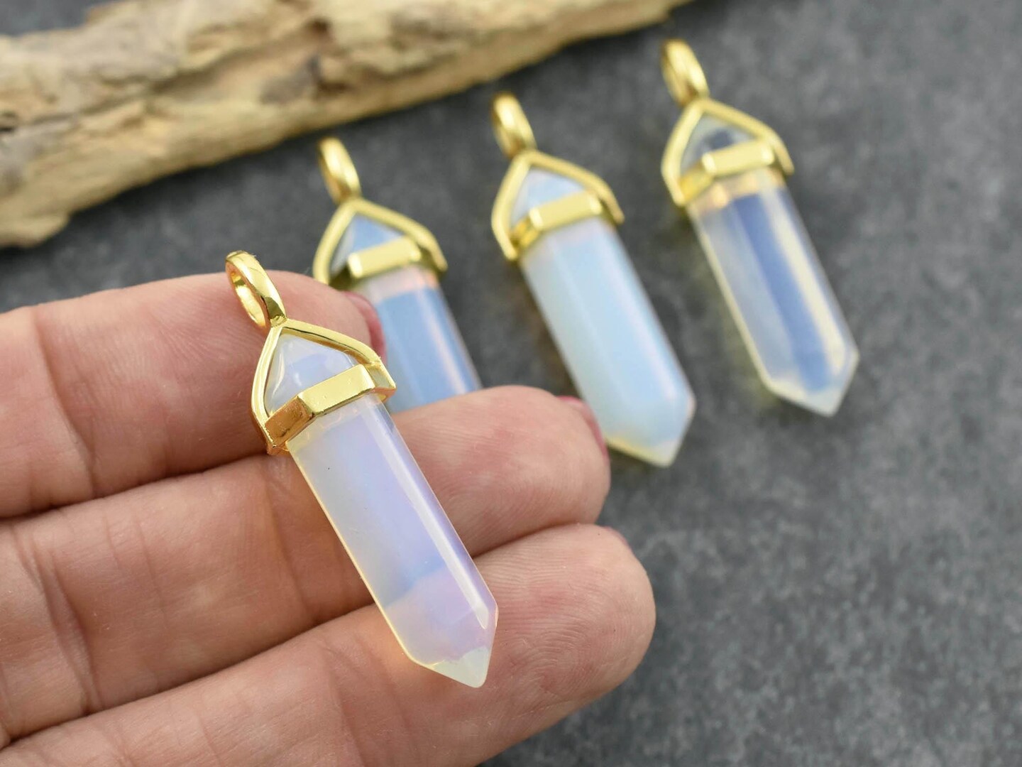 40mm Gold Tone Natural Opalite Double Terminated Bullet Pendant