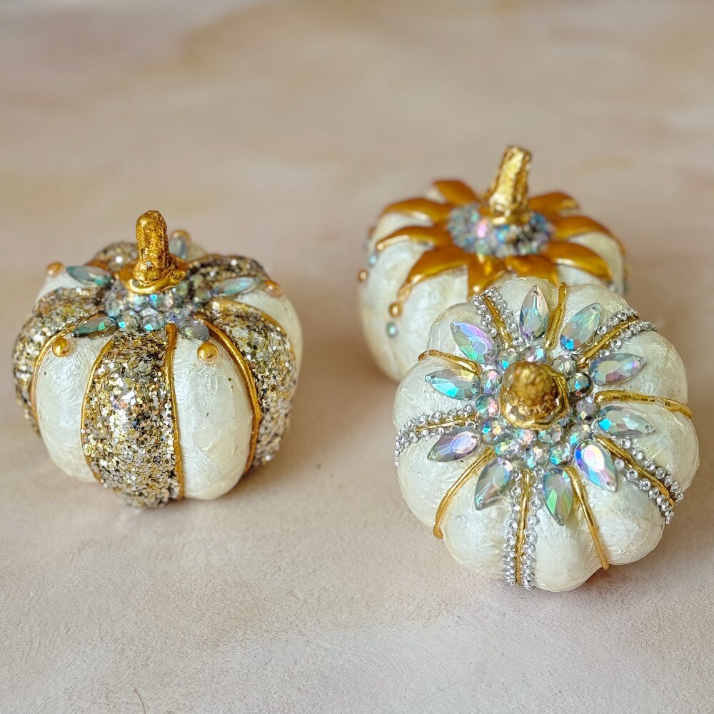 Michaels, Capiz Ivory Jeweled Pumpkin | Mini | Set of 3 - Final sale / Non-returnable and Non-refundable – Category: Pumpkin Decor
