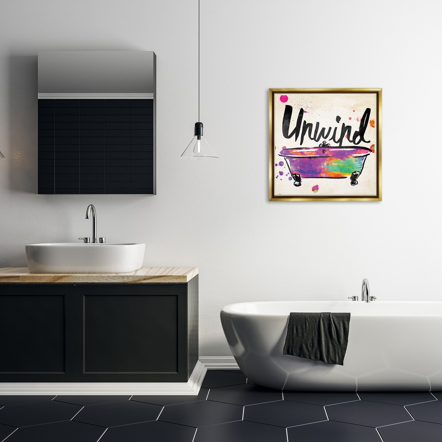 Stupell Industries Unwind Rainbow Colors Icon Bath Framed Floater Canvas Wall Art