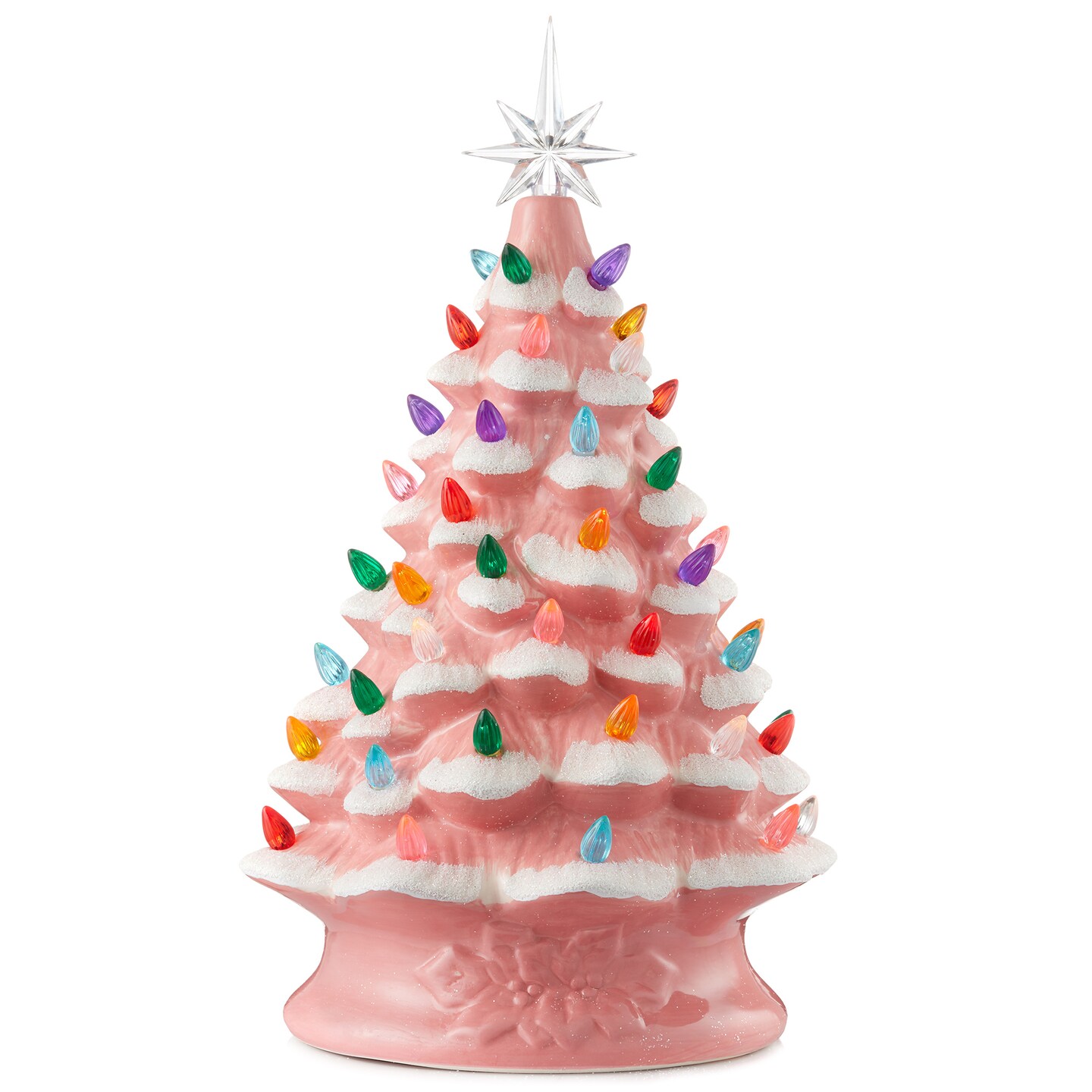 Casafield Hand Painted Ceramic Christmas Tree, Pink Snow Flocked 15-Inch Pre-Lit Tree with 128 Multi Color Lights and 2 Star Toppers
