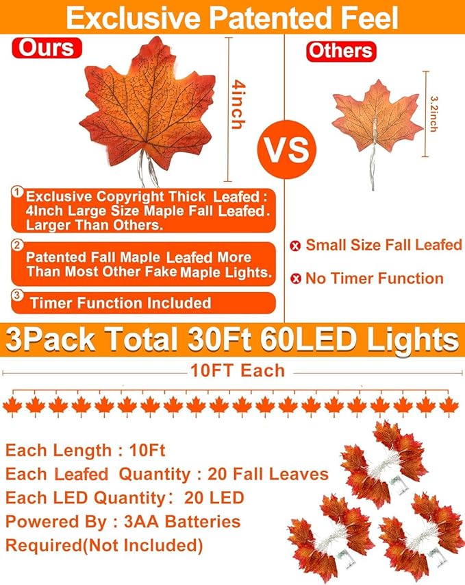 [Timer &#x26; 3-Pack] 30ft Fall Garland Fall Decorations for Home 60 LED Leafed Lights Patented Realistic Maples Leafed Battery Operated Autumn Fall Decor Thanksgiving Halloween Indoor Outdoor