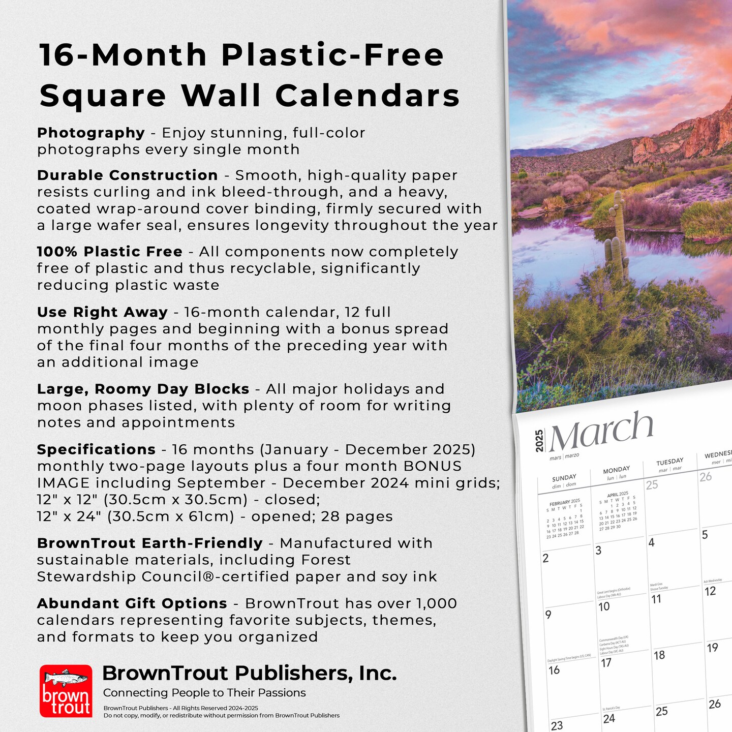 Arizona Wild &#x26; Scenic | 2025 12 x 24 Inch Monthly Square Wall Calendar | Plastic-Free | BrownTrout | USA United States of America Southwest State Nature
