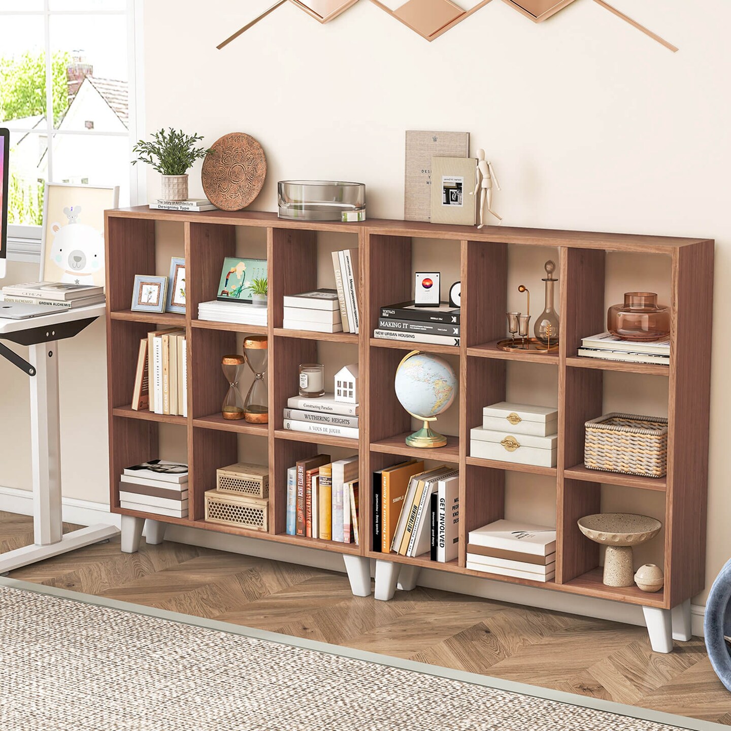 Costway 2 PCS 9-Cube Bookcase with 6 Removable Shelves Raised Support Feet for Living Room Brown/White