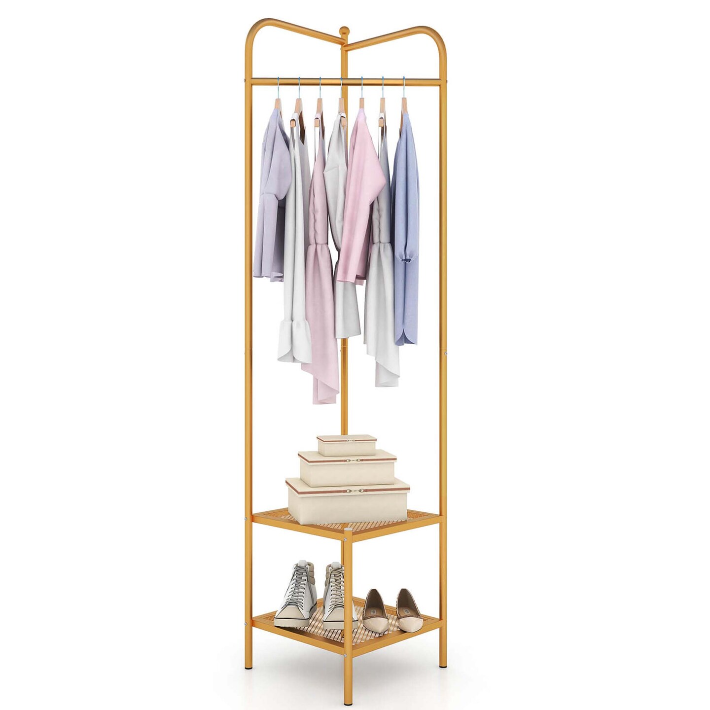 Costway Corner Coat Rack with Shelves Freestanding Hall Tree with Top Hanger Black/Golden/White