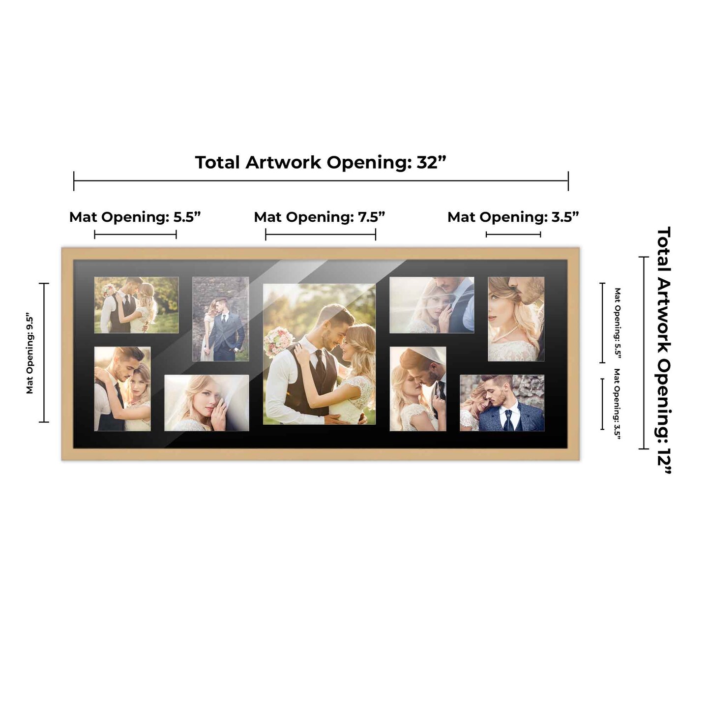 Natural Finish Collage Frame - Black Mat, 20 Frame Sizes to Choose From, UV Acrylic, Wall Hanging Hardware, Vertical or Horizontal Display