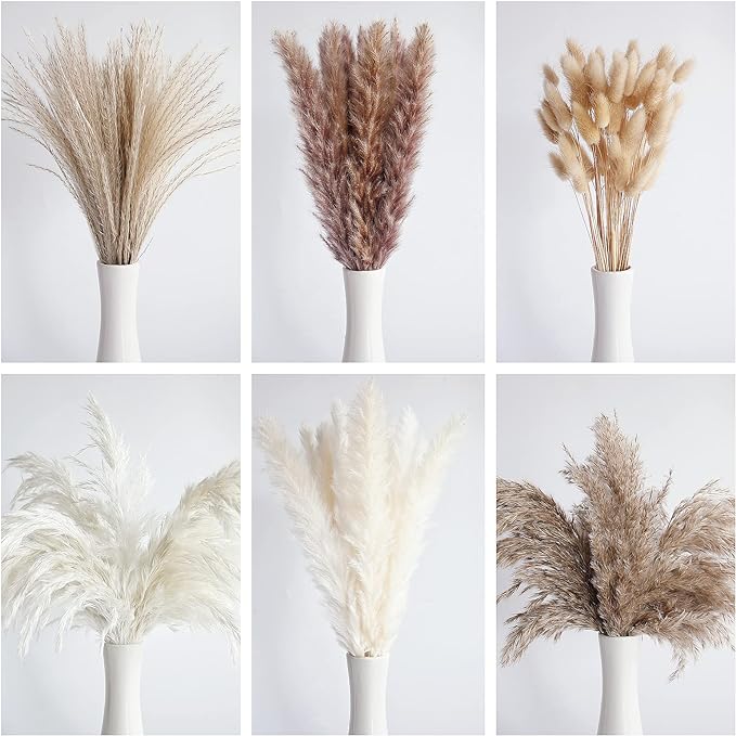 110 Piece Dried Pampas Grass Bouquet, Boho Table Decor, Bunny Tails Dried Flowers, Brown Pompas, White Pampas Grass for Wedding, Home, Rustic Party, and Baby Shower Decorations