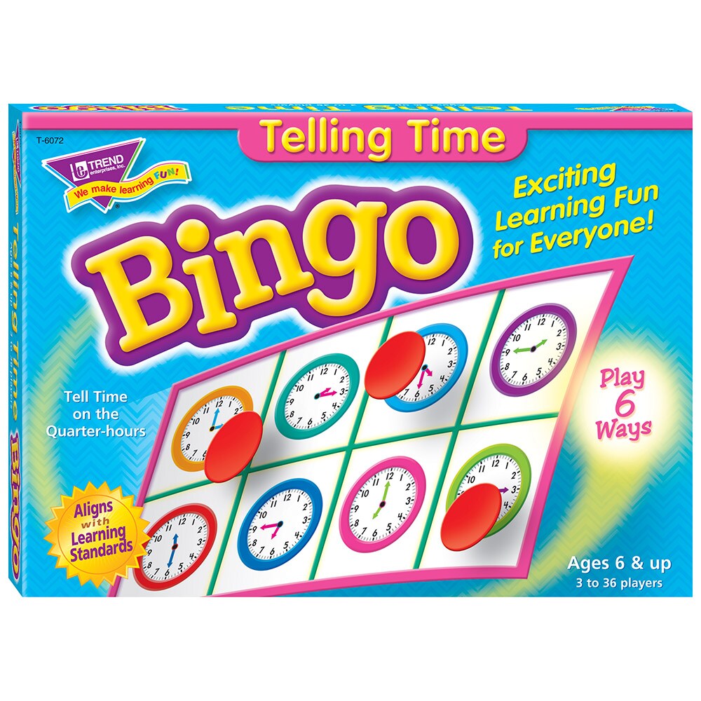 Trend Enterprises: Telling Time Bingo Game, Exciting Way for Everyone to Learn, Play 6 Different Ways, Great for Classrooms and at Home, 2 to 36 Players, for Ages 6 and Up