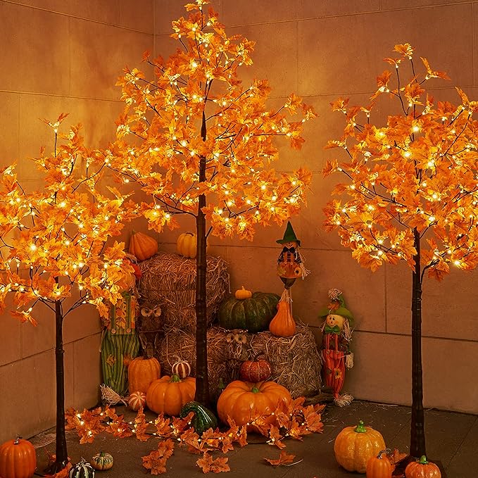 6FT 120LED Artificial Lighted Maple Tree Warm White Fall Decorations Indoor or Outdoor, Orange